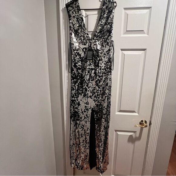 NWT Rachel‎ Zoe black and silver sequin maxi dress size 8 with front slit - Picture 11 of 15